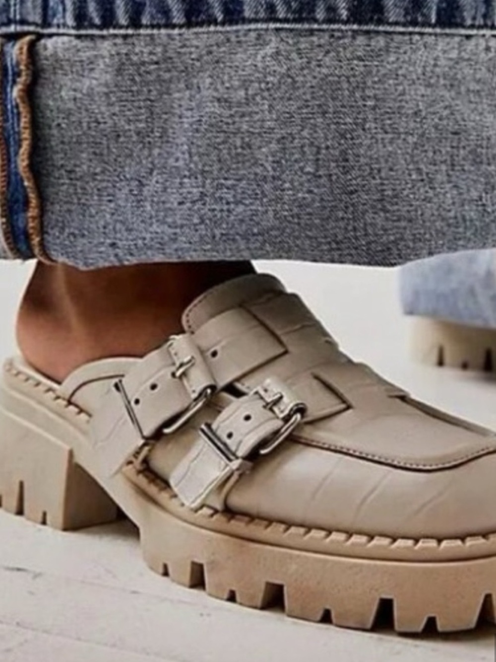 Free People Lyra Buckle White Leather Lug Loafers Sz 39.5